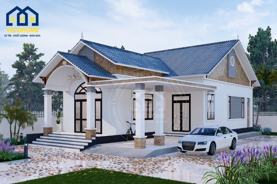 Thiết kế nhà cấp 4 mái thái chữ L - chị Hà - Đông Anh - TK40006